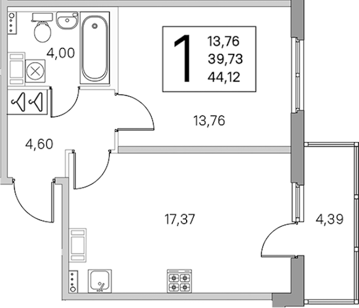 1-комнатная квартира 41.05 м², 3/4 эт., ЖК «Любоград в Стрельне»